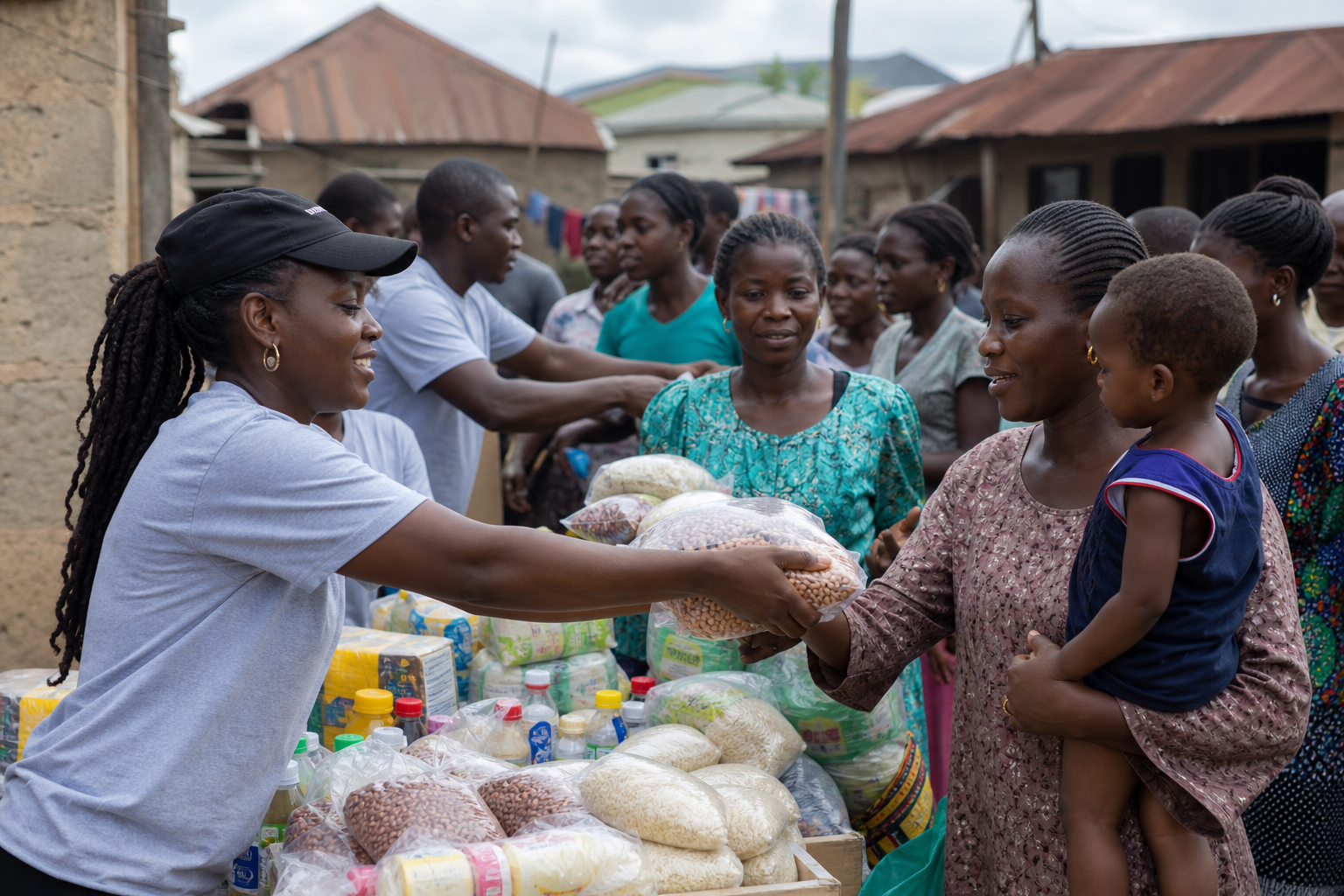 Volunteers distributing packaged essentials to families