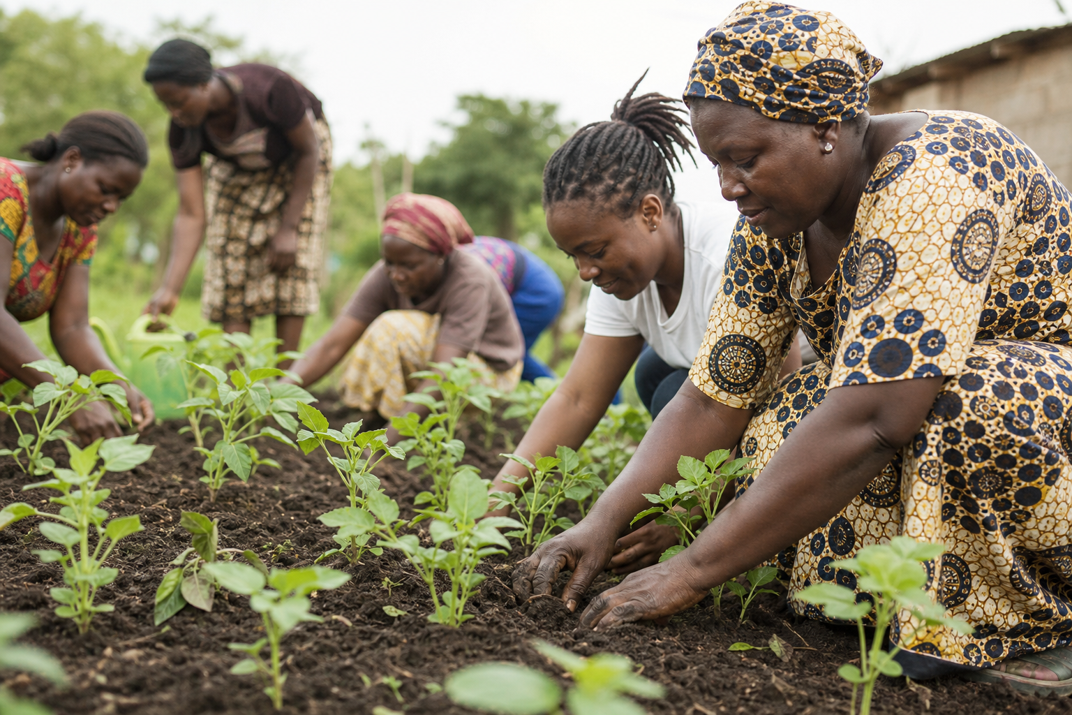 Volunteers planting seedlings in a community garden